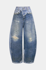 "Contrast Denim Print Pocket Barrel Pants"