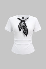 "Artistic Print Tie-Up Short Sleeve T-shirt"