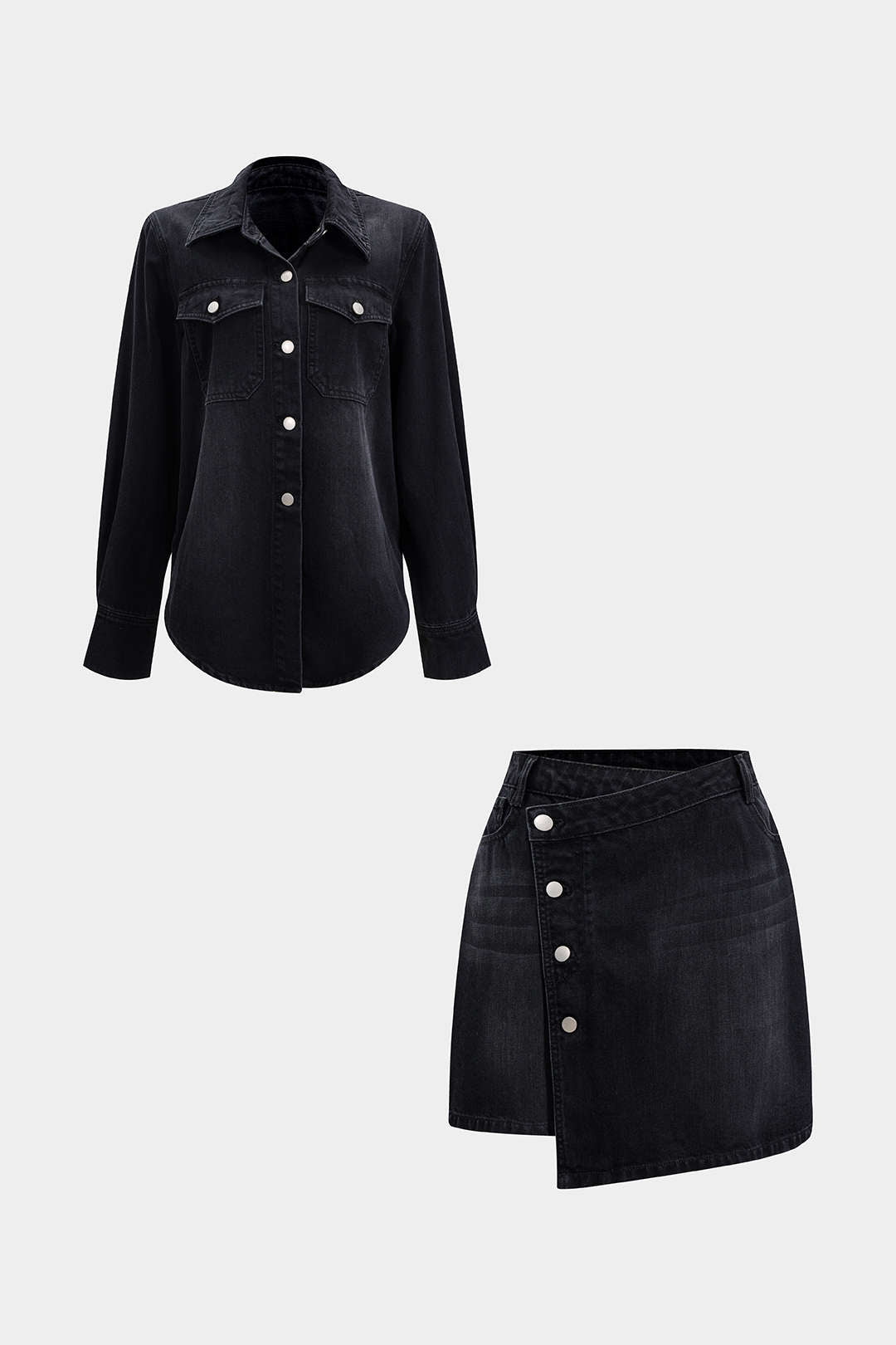 "Denim Button Long-Sleeve Top And High Waist Mini Skirt Set"