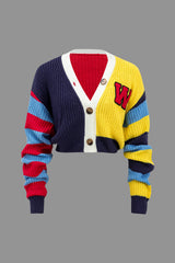 "Contrast Knit Button Long-Sleeve Top"
