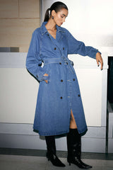 "Denim Double-Breasted Belted Mid-Long Outerwear"