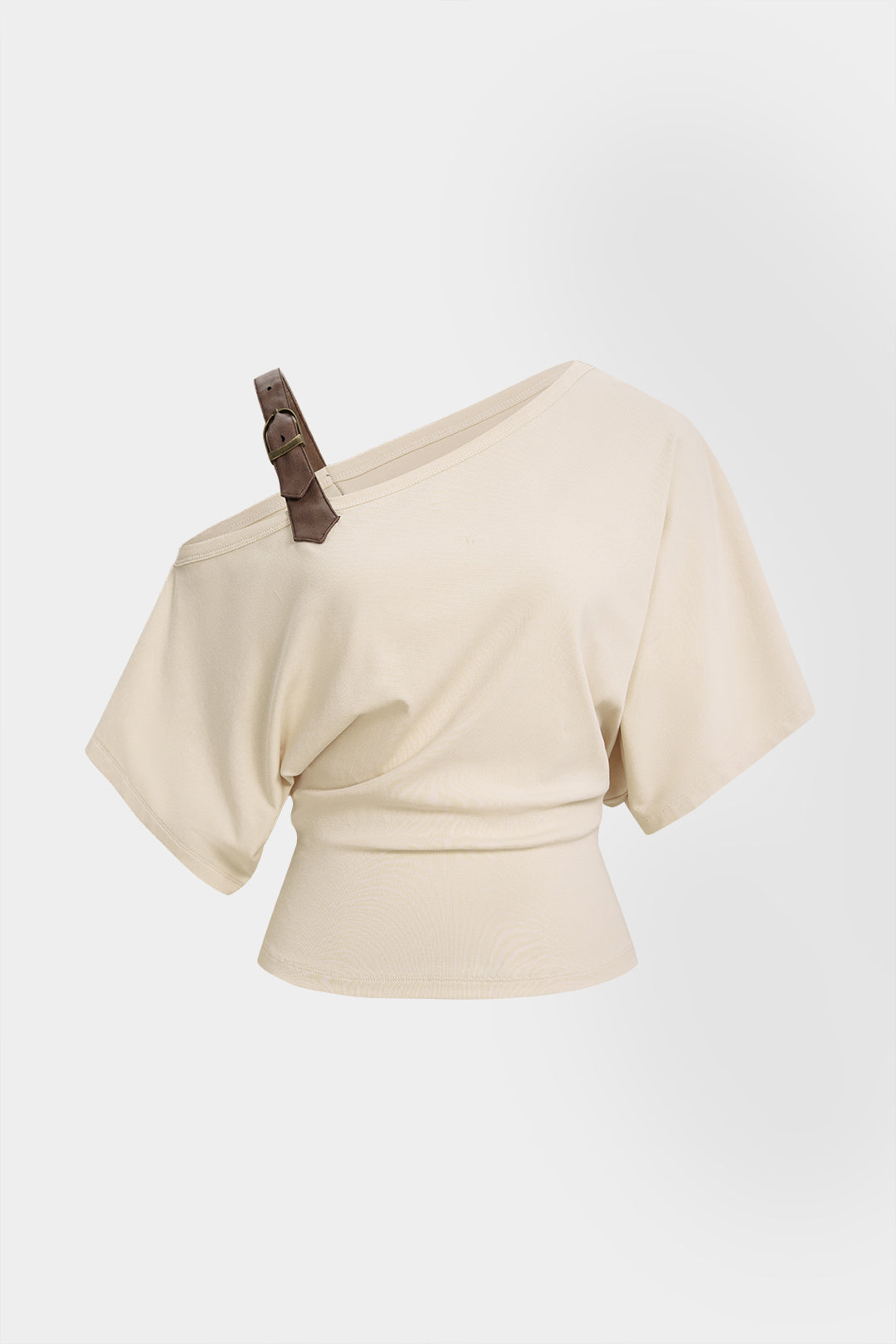 "Asymmetrical Faux Leather Buckle One Shoulder Short Sleeve Top"