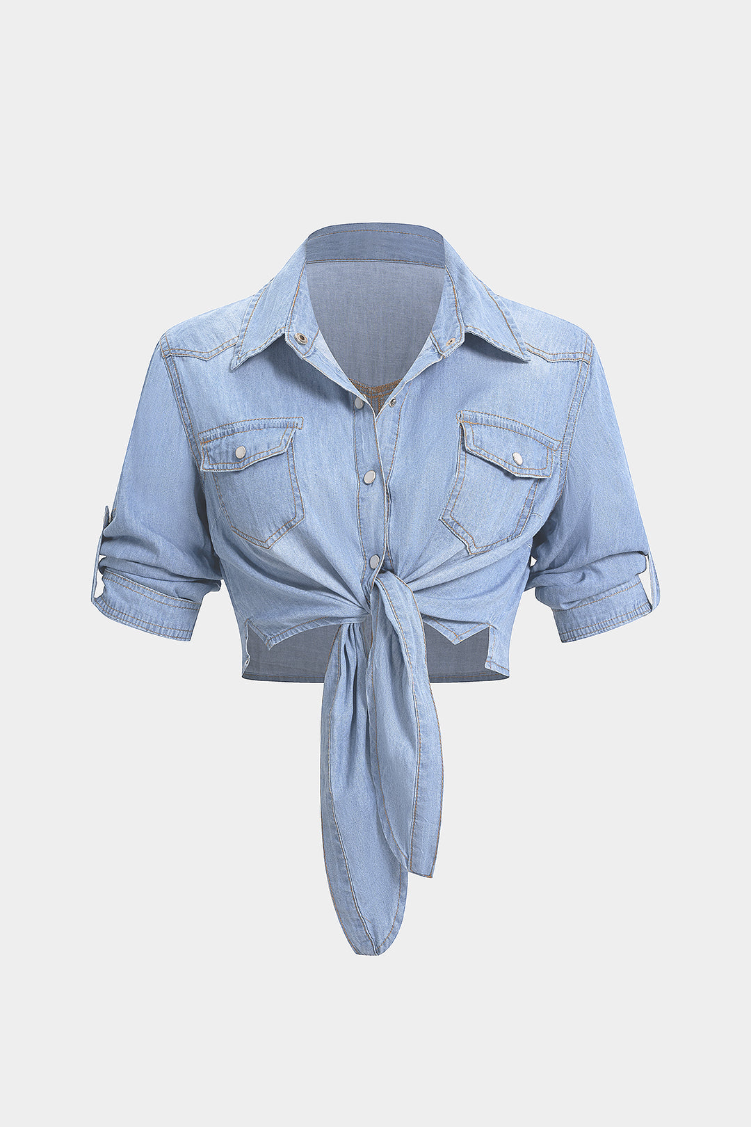 "Denim Lapel Knotted Short Sleeve Shirt"