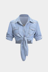 "Denim Lapel Knotted Short Sleeve Shirt"