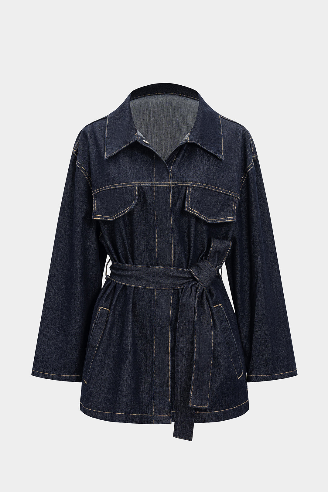 "Denim Belted Long Sleeve Shirt"