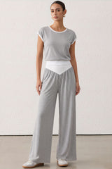 "Contrast Round Neck Short Sleeve T-Shirt And Ruched Wide Leg Pants"