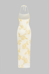 "3D Floral Print Halter Backless Sleeveless Maxi Dress"