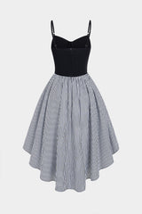"Contrast Stripes Print Asymmetrical Ruched Sleeveless Midi Dress"