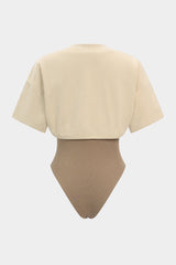 "Contrast Round Neck Asymmetrical Short Sleeve Bodysuit"