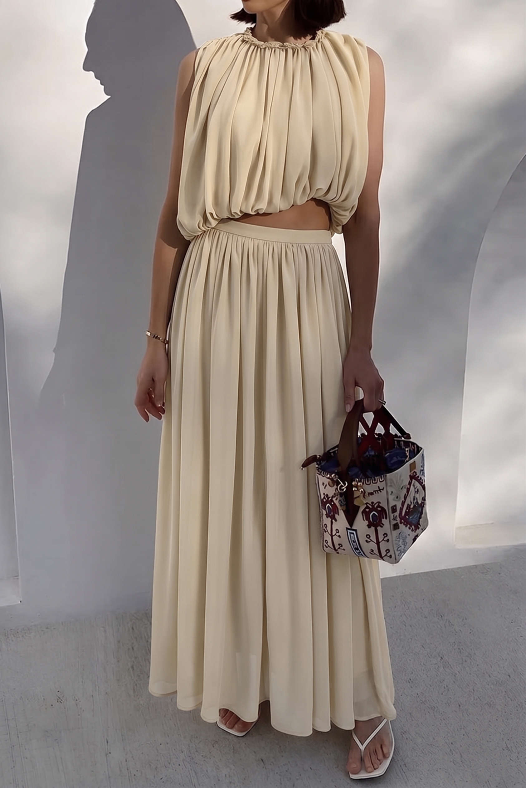 "Chiffon Round Neck Ruched Tank Top And Maxi Skirt Set"