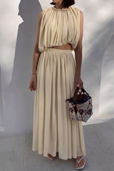 "Chiffon Round Neck Ruched Tank Top And Maxi Skirt Set"