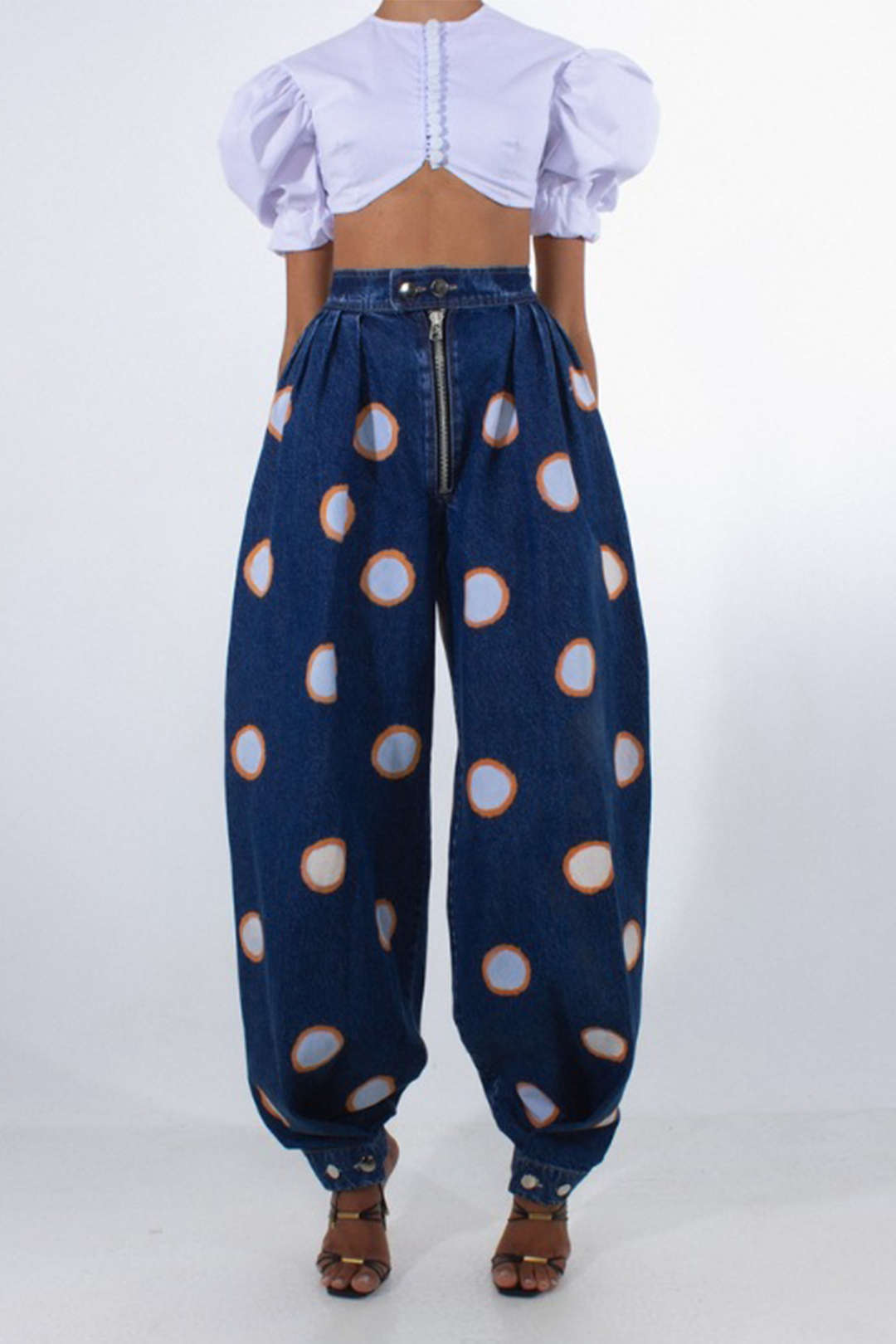 "Denim High Waist Zipper Barrel Balloon Jeans"