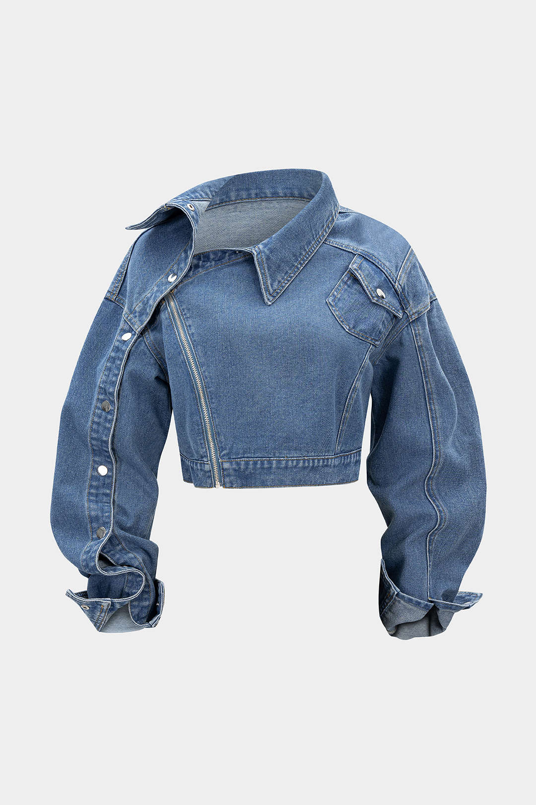 "Denim Asymmetrical Zipper Long-Sleeve Top"