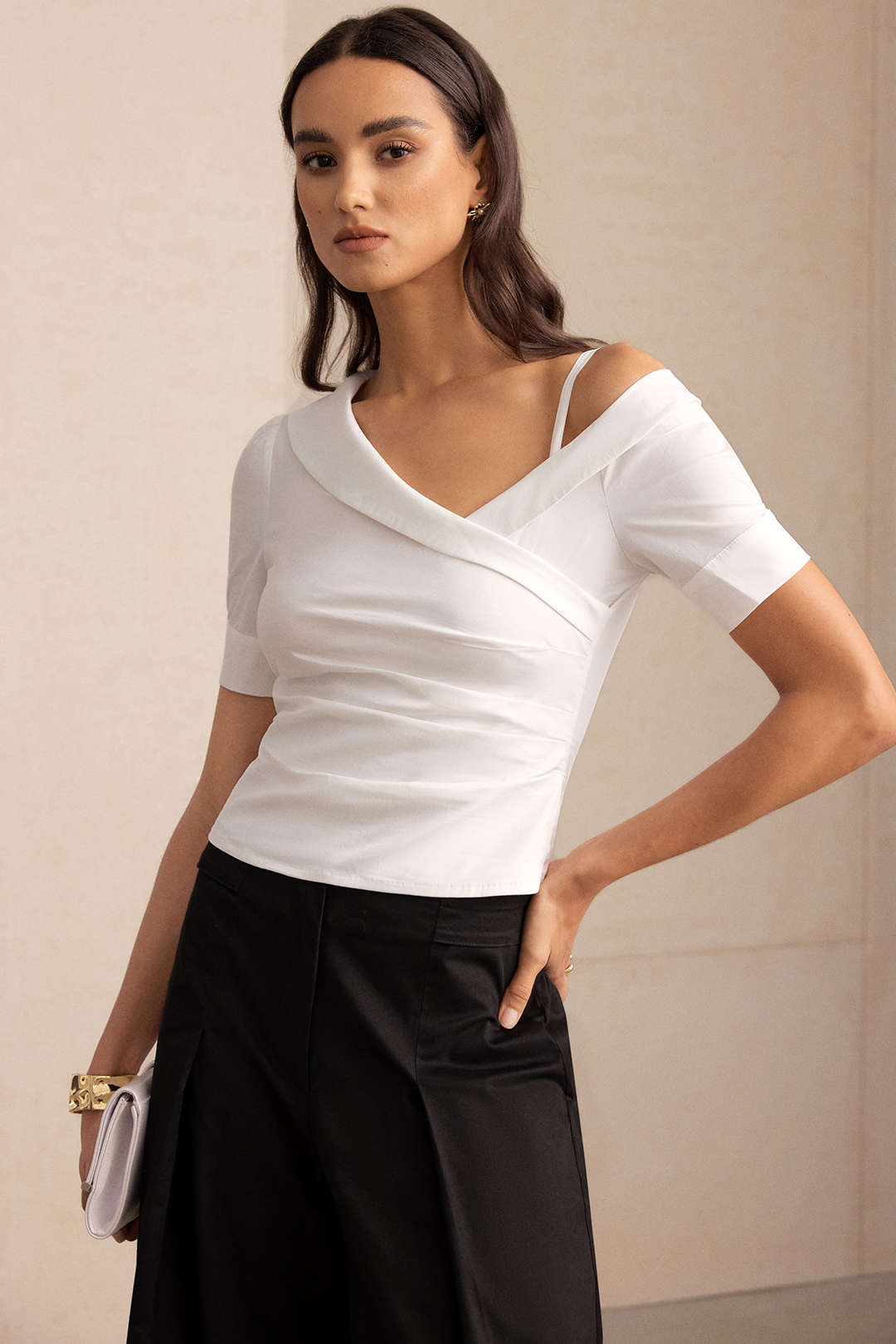 "Asymmetric Print Cut Out Asymmetrical Ruched Short-Sleeve Shirt"