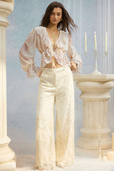 "Chiffon Patchwork Lace Trim Drawstring Long Sleeve Shirt"