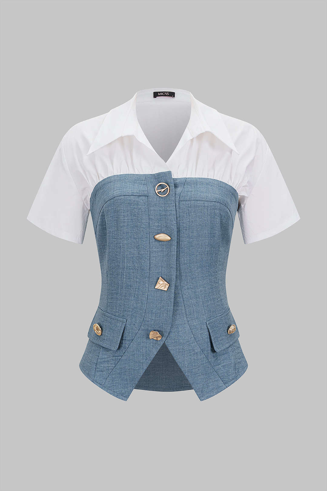 "Contrast Irregular Button Lapel Short Sleeve Top"