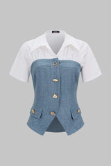 "Contrast Irregular Button Lapel Short Sleeve Top"