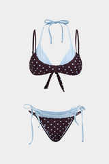 "Color Block Polka Dots Print Tie-Up Bikini Set"