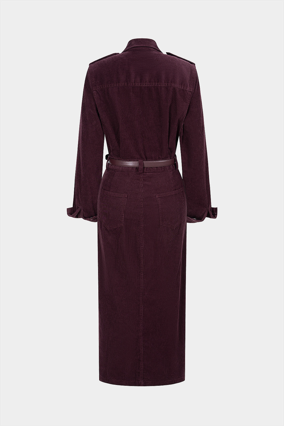"Corduroy Notched Lapel Button Pocket Belted Long Sleeve Midi Dress"