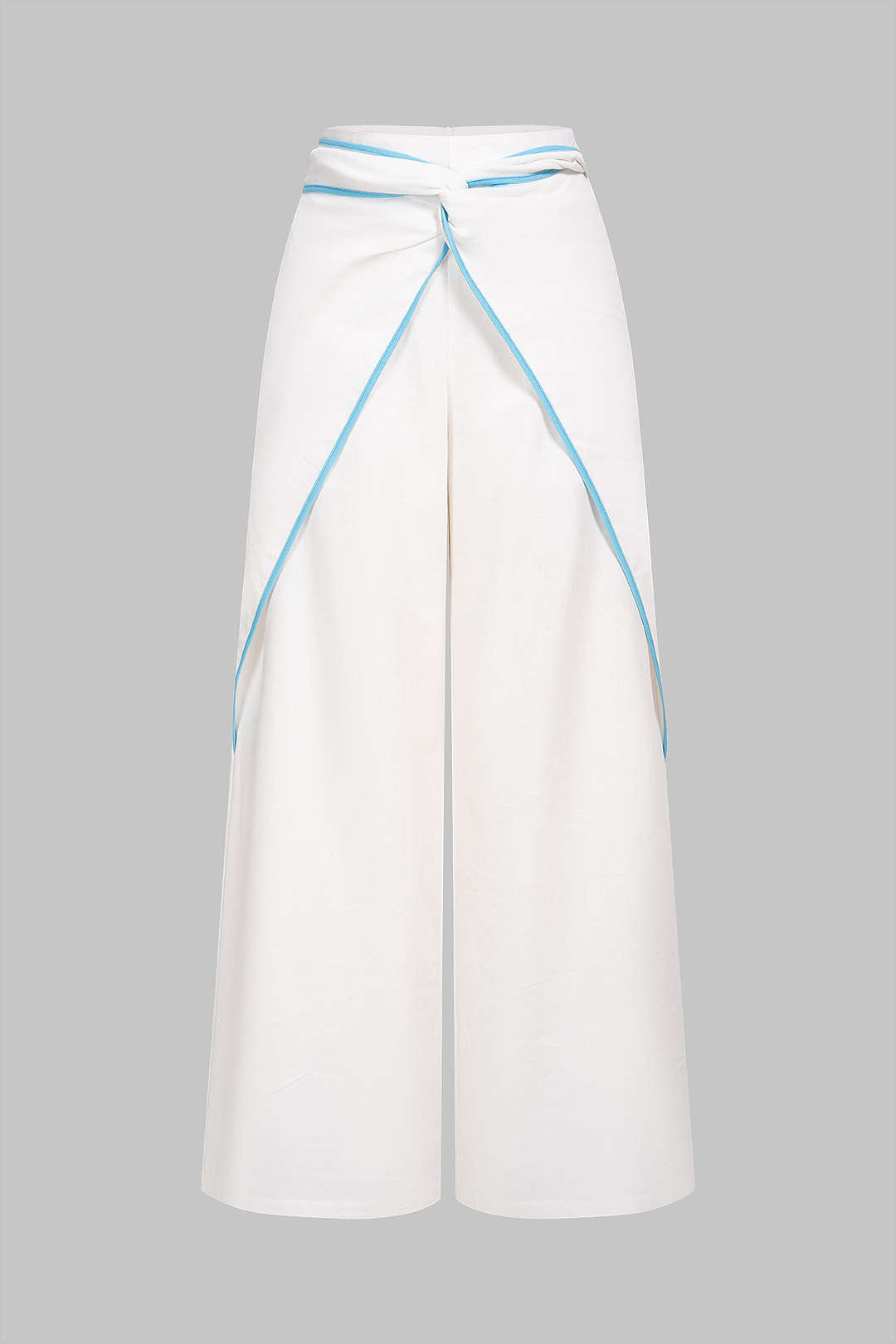 "Contrast Binding Linen Ruched Twist Knot Wide Leg Pants"