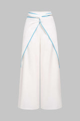 "Contrast Binding Linen Ruched Twist Knot Wide Leg Pants"