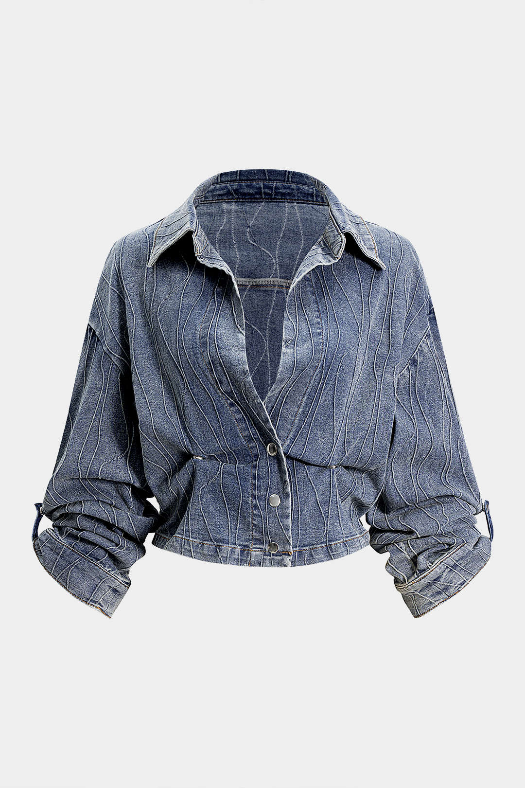 "Denim Button Smocked Ruched Outerwear"