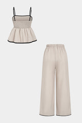 "Contrast Binding Ruched Cami Top And High Waist Wide Leg Pants"