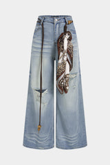 "Denim High Waist Asymmetrical Belted Wide Leg Jeans"