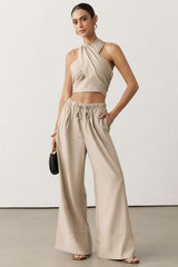 "Crossed Halter Neck Ruched Tie-Up Top And Straight Leg Pants Set"
