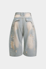 "Denim Asymmetrical Frayed Seamdetail High Waist Shorts"
