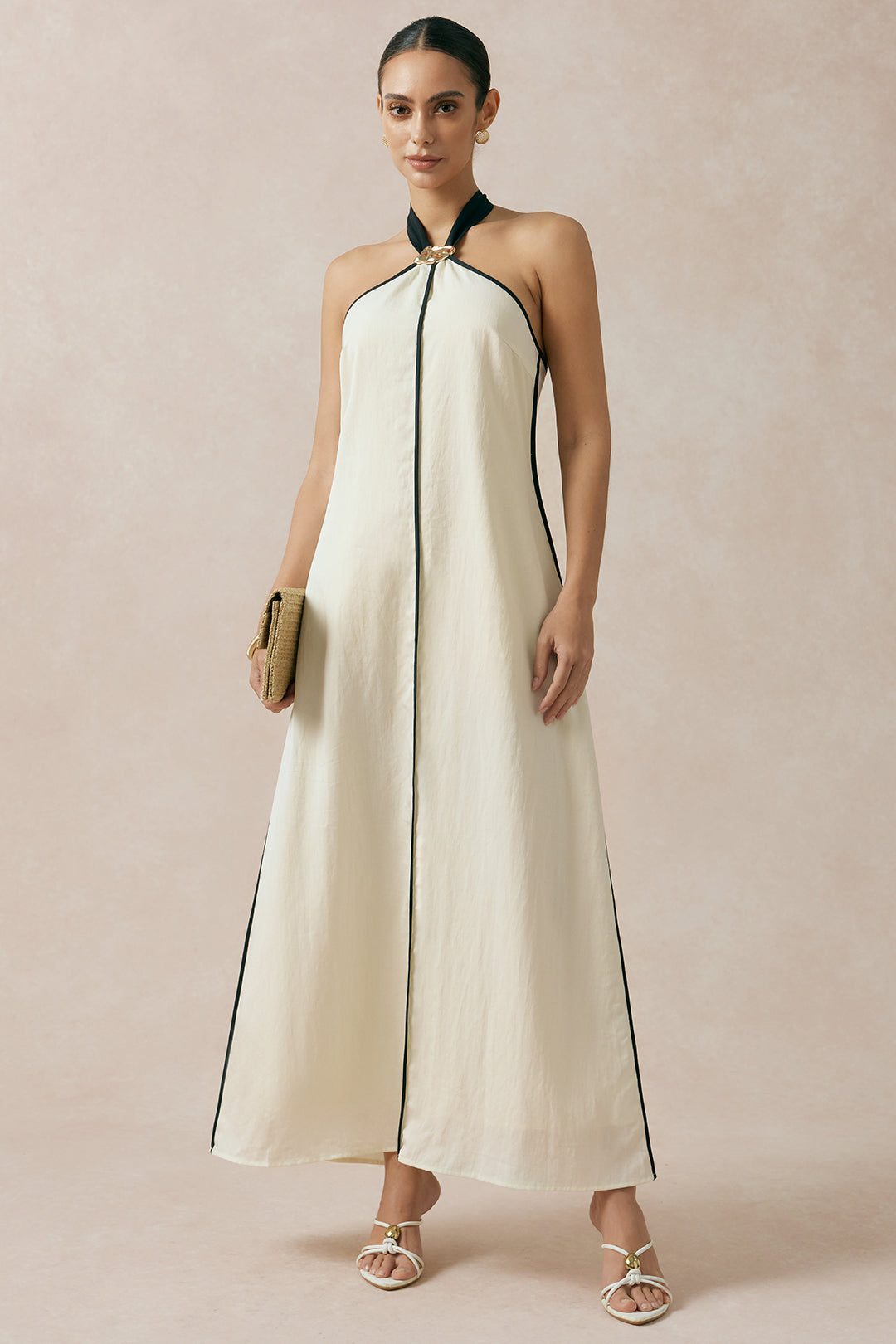 "Contrast Trim Linen Halter Neck Tie Back Metallic Sleeveless Maxi Dress"