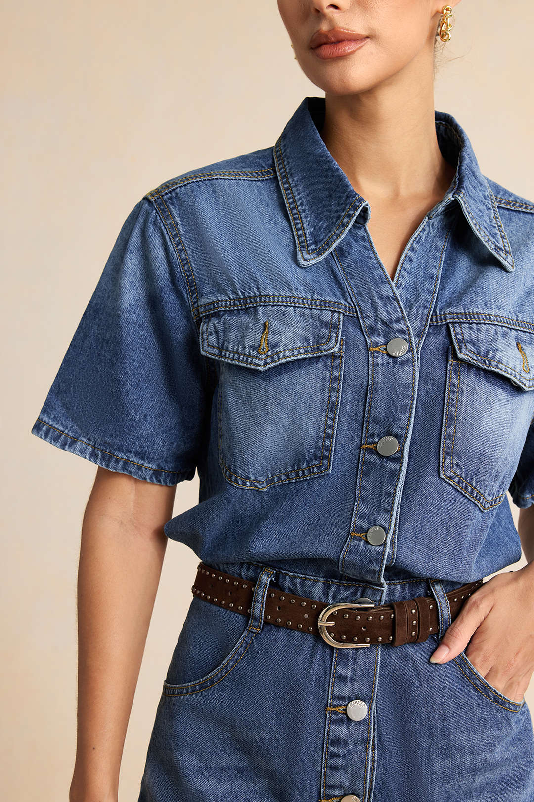 "Denim Button Pocket Belted Short Sleeve Mini Dress"