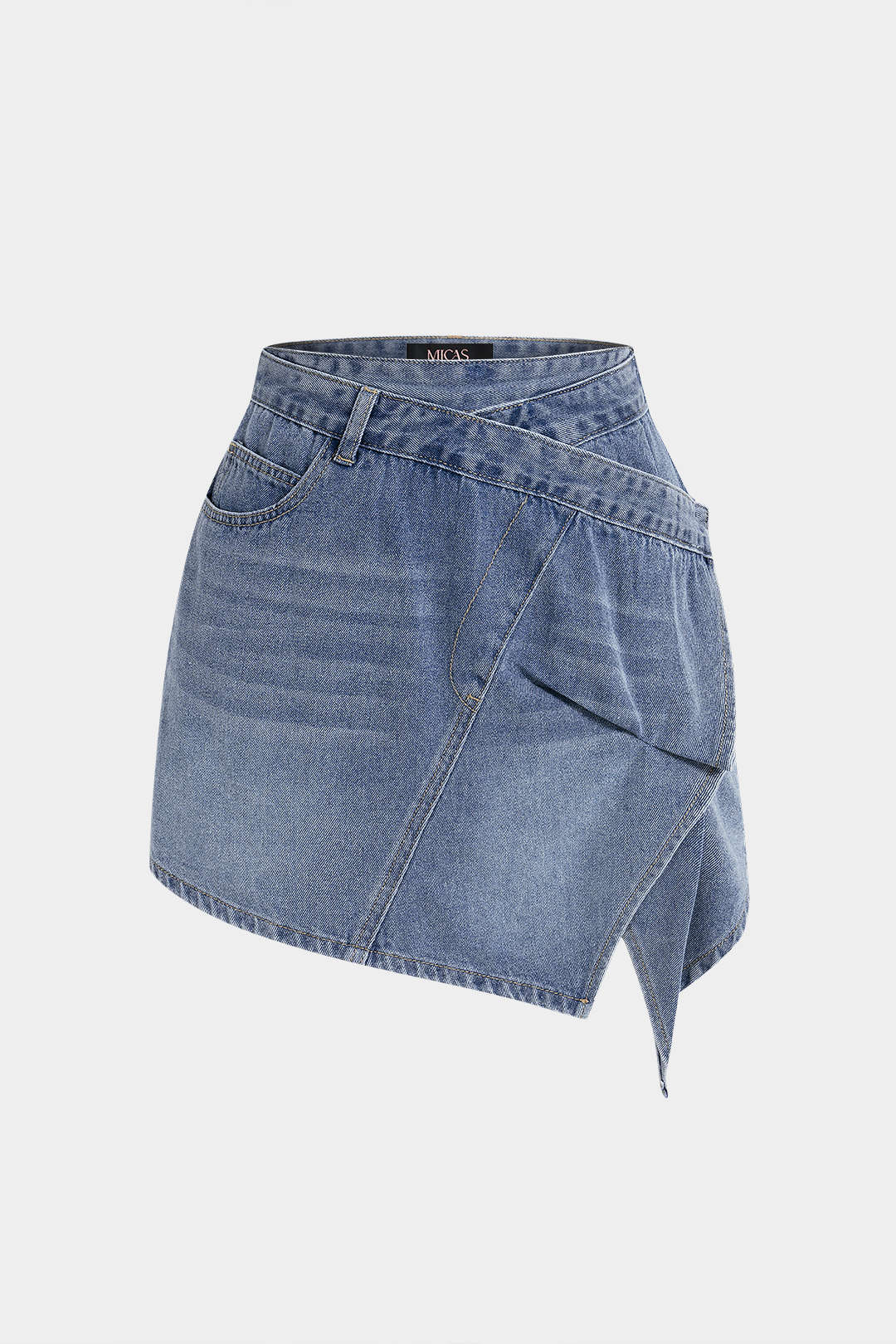 "Denim Crossed Asymmetrical Ruched Skirt"