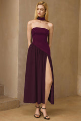 "Contrast Satin Ruched Slit Strapless Maxi Dress"