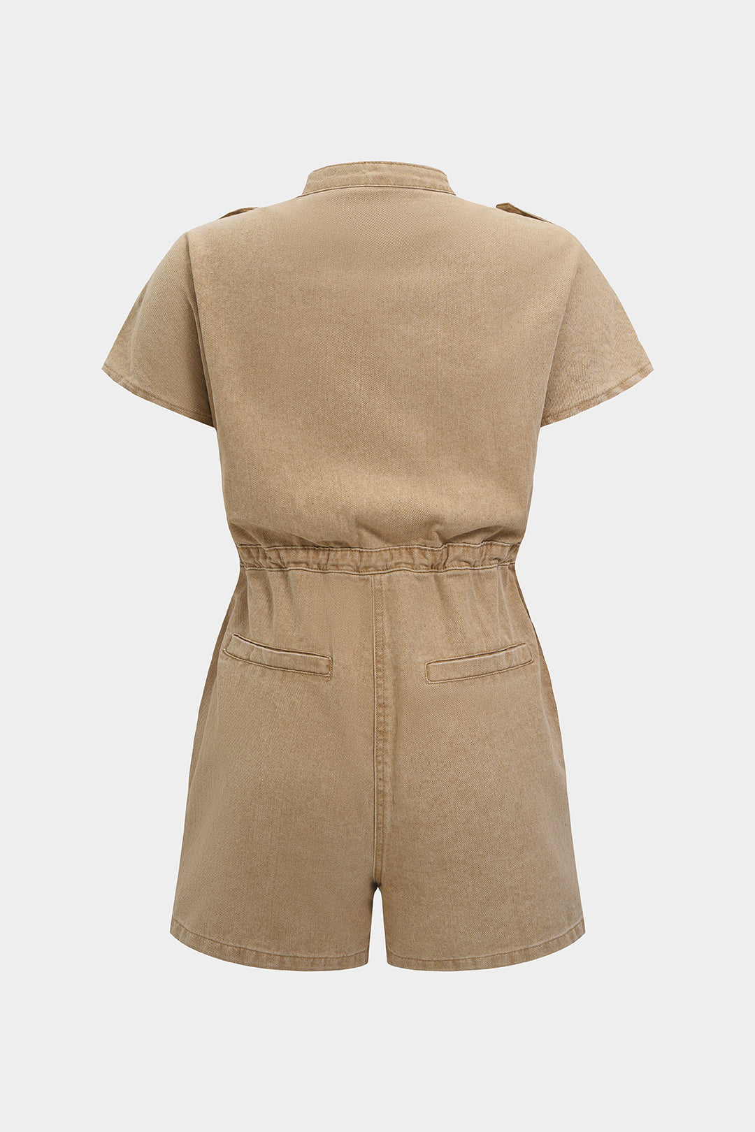 "Denim Lapel Button Pocket Drawstring Short Sleeve Romper"