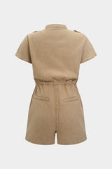 "Denim Lapel Button Pocket Drawstring Short Sleeve Romper"