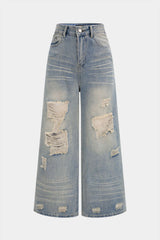 "Denim Asymmetrical Frayed Wide Leg Jeans"