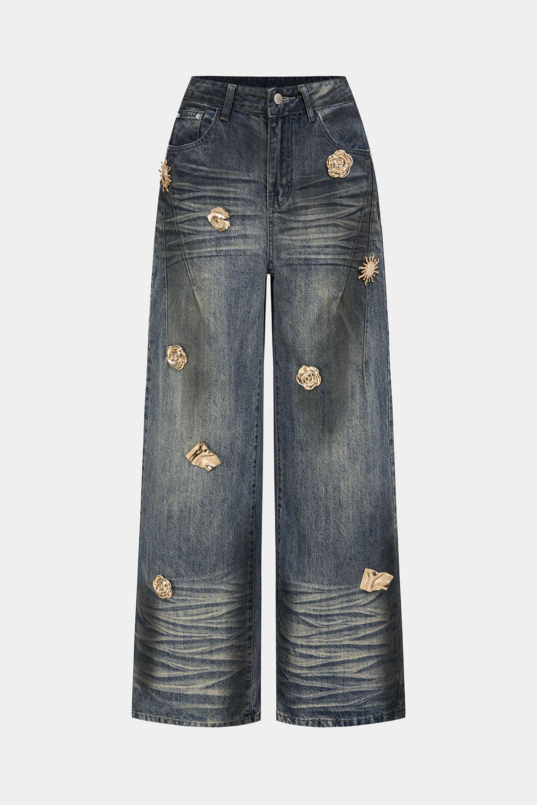 "Denim Metallic Decor High Waist Jeans"