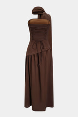 "Contrast Satin Ruched Slit Strapless Maxi Dress"