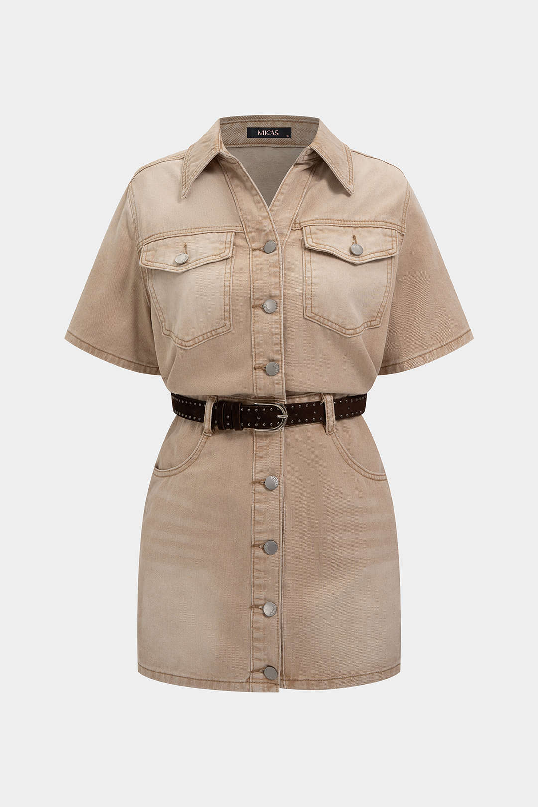 "Denim Button Pocket Belted Short Sleeve Mini Dress"
