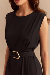 "Chiffon Round Neck Belted Sleeveless Wide Leg Jumpsuit"