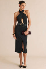 "Crossed Halter Neck Belted Cut Out Sleeveless Midi Dress"
