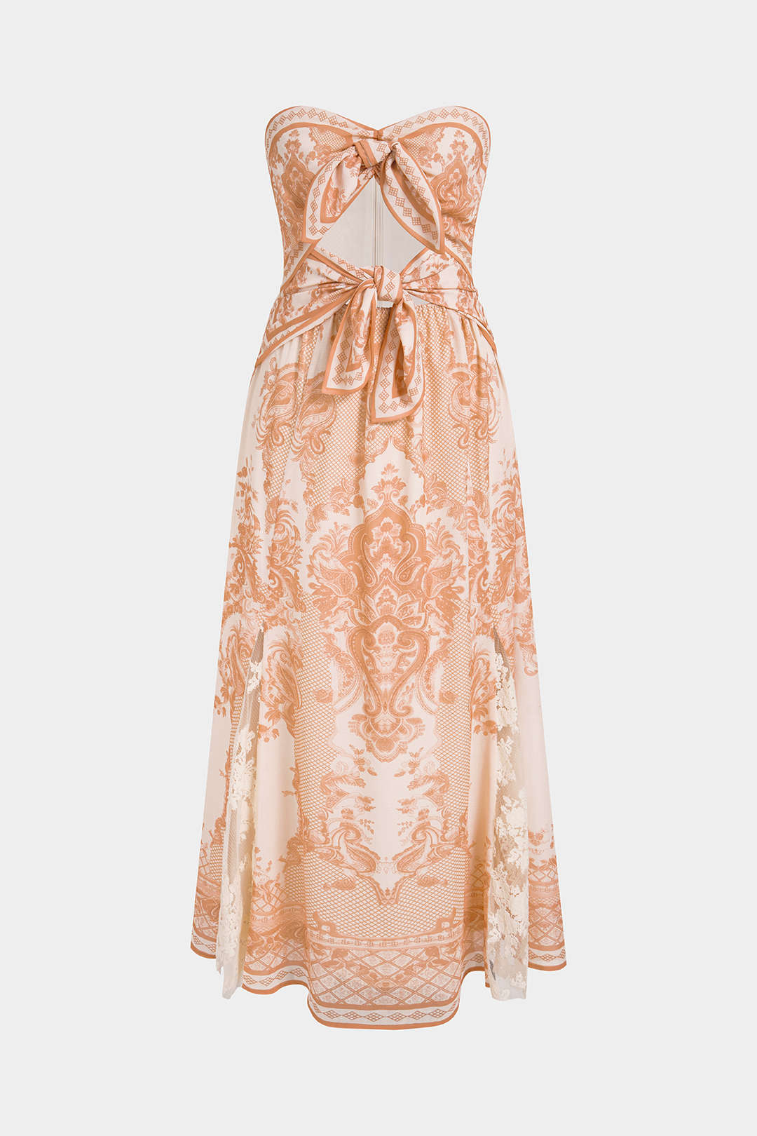 "Bohemian Print Lace Patchwork Knotted Cut Out Strapless Midi Dress"