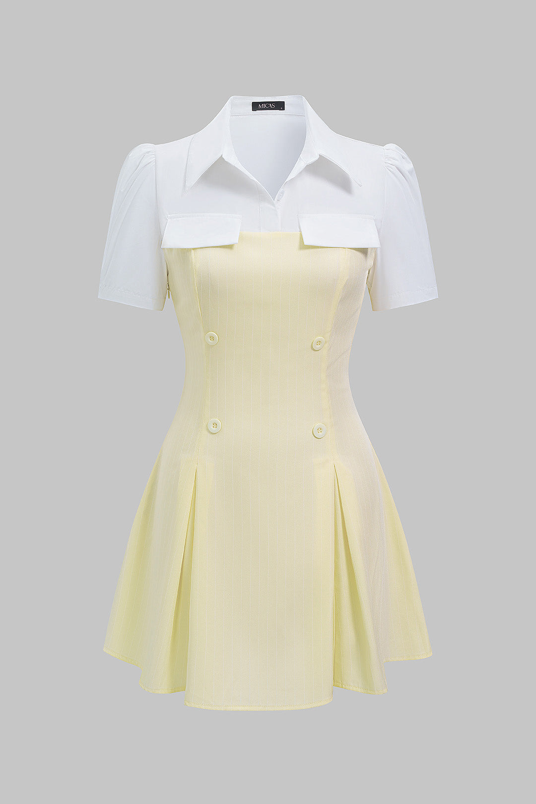 "Contrast Stripes Print Button Lapel Patchwork Short Sleeve Mini Dress"