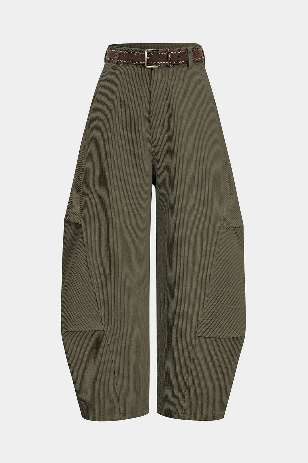 "Corduroy Belted Ruched High Waist Wide Leg Pants"