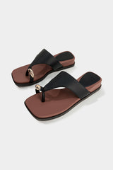 "Contrast Leather Metallic Square Toe Sandals"