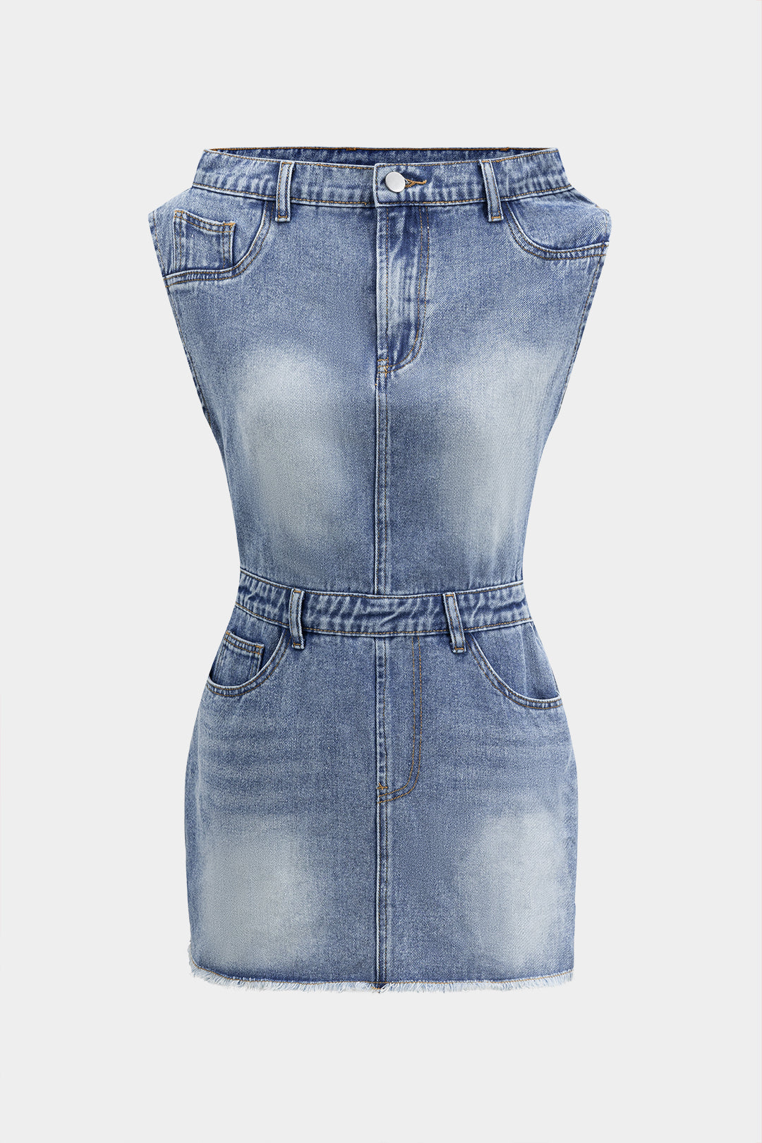 "Denim Asymmetric Neckline Mini Dress"