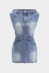 "Denim Asymmetric Neckline Mini Dress"