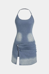 "Denim Halter Round Neck Backless Ruched Slit Mini Dress"