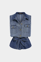 "Denim Lapel Button Tie-Up Vest"